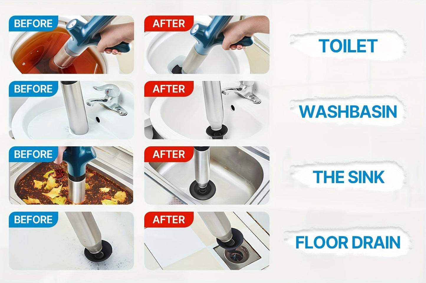 High-Pressure Air Drain Blaster with Real-Time Pressure Indicator – Stainless Steel Toilet Plunger & Sink Drain Unclogger