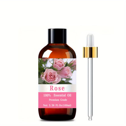 Essential Oil Rose 100ml Dropper Bottle with Floral Scent for Diffuser, Massage, Hair and Body Care