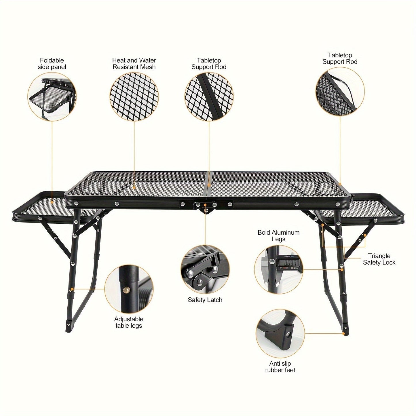 Portable Folding Camping Table with 2 Wingboards & Mesh Top – Height Adjustable Outdoor Grill Side Table for Picnic Barbecue Beach