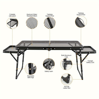 Portable Folding Camping Table with 2 Wingboards & Mesh Top – Height Adjustable Outdoor Grill Side Table for Picnic Barbecue Beach