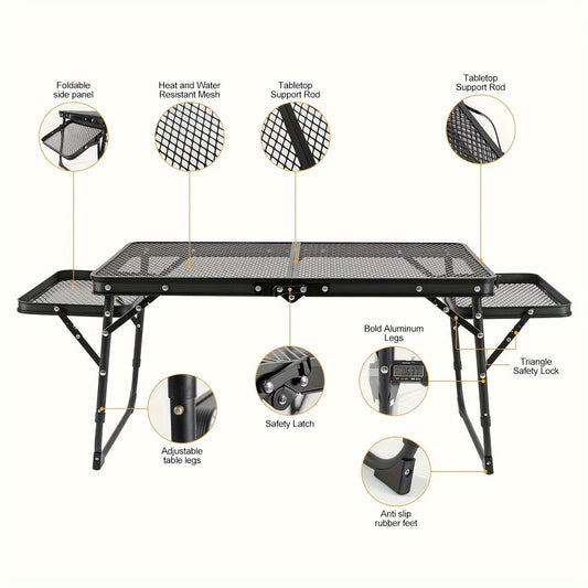 Portable Folding Camping Table with 2 Wingboards & Mesh Top – Height Adjustable Outdoor Grill Side Table for Picnic Barbecue Beach