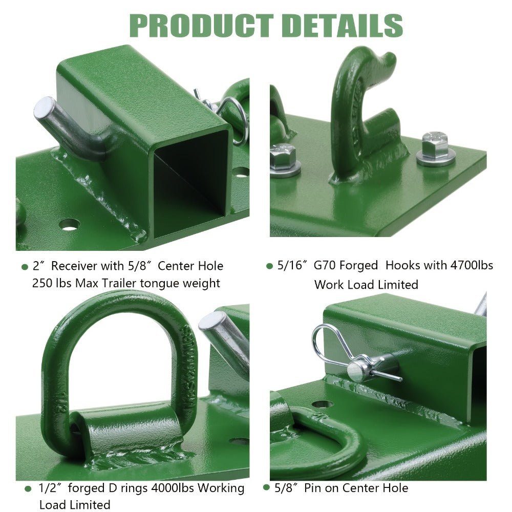 Tractor Bucket Grab Hooks Grade 70 Forged Steel 3/8in Bolt-On with 1/2in Tie Down Ring 2in Hitch Receiver Mount Plate Max 4700LBS