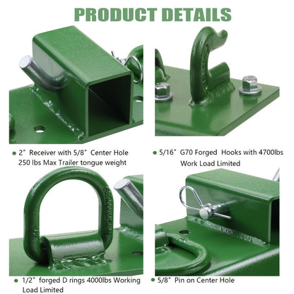 Tractor Bucket Grab Hooks Grade 70 Forged Steel 3/8in Bolt-On with 1/2in Tie Down Ring 2in Hitch Receiver Mount Plate Max 4700LBS