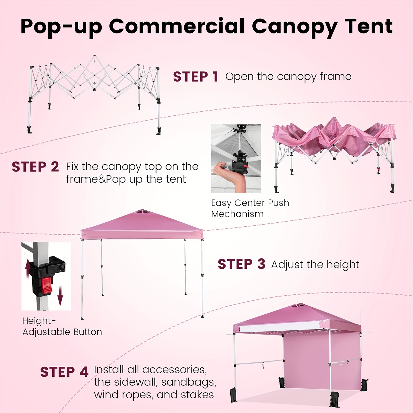 Pink 10x10ft Commercial Pop-Up Canopy Tent with Sidewall, Hanging Bars, Crossbars and Banner Strip