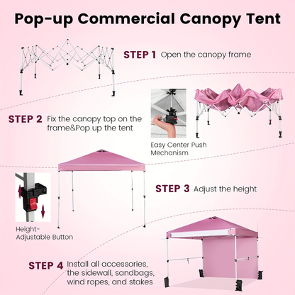 Pink 10x10ft Commercial Pop-Up Canopy Tent with Sidewall, Hanging Bars, Crossbars and Banner Strip