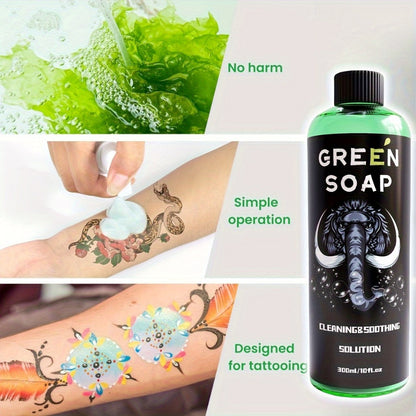 Tattoo Green Soap Cleansing Solution Kit – Professional Tattoo Wash Soap with Squeeze Bottle, Safe Moisturizing Foam for Tattoo Artists Skin