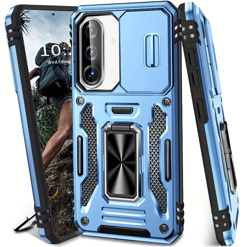 Samsung Galaxy Shockproof Magnetic Phone Case with 360° Rotating Ring Bracket & Sliding Lens Protector – Heavy Duty Cover for S24FE S23FE