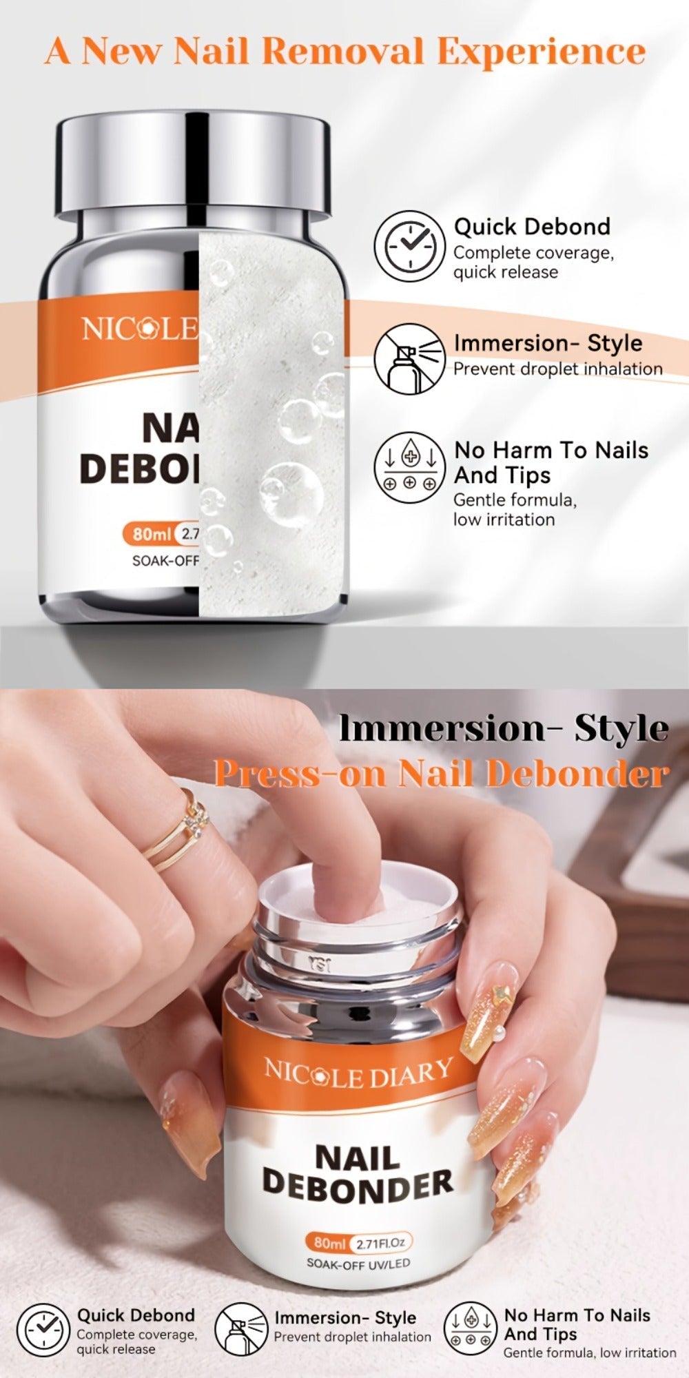Press On Nail Debonder Remover 80ml – Fast 3-5 Second Soak-Off Liquid for False Tips, Rhinestone Glue Remover, No Damage Easy Dissolve