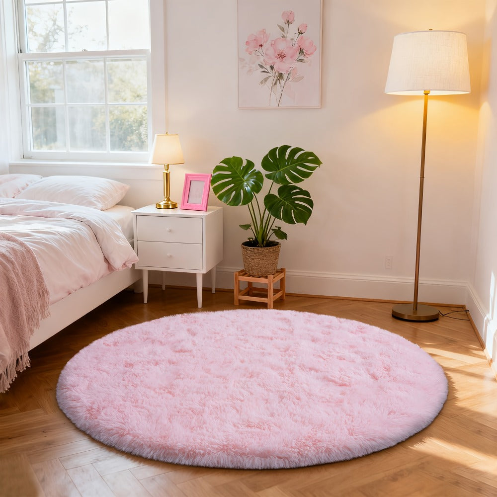 Area Rug 6x6 Round Light Pink Plush Circle with Hand-Washable Care for Bedroom or Living Room
