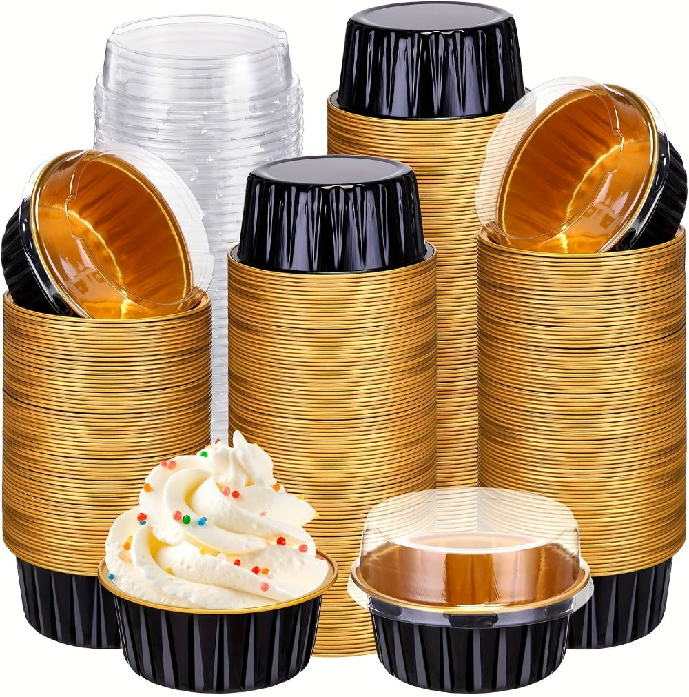 Aluminum Foil Baking Cups with Lids, Disposable Cupcake Molds with Spoons, Foil Dessert Cups for Pudding Muffins Mousse