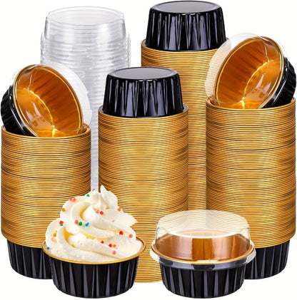 Aluminum Foil Baking Cups with Lids, Disposable Cupcake Molds with Spoons, Foil Dessert Cups for Pudding Muffins Mousse