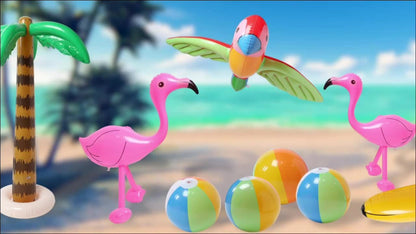 Hawaiian Luau Inflatable Party Decorations 10-Piece Set – 2 Palm Trees, 2 Flamingos, 4 Beach Balls, Parrot & Banana
