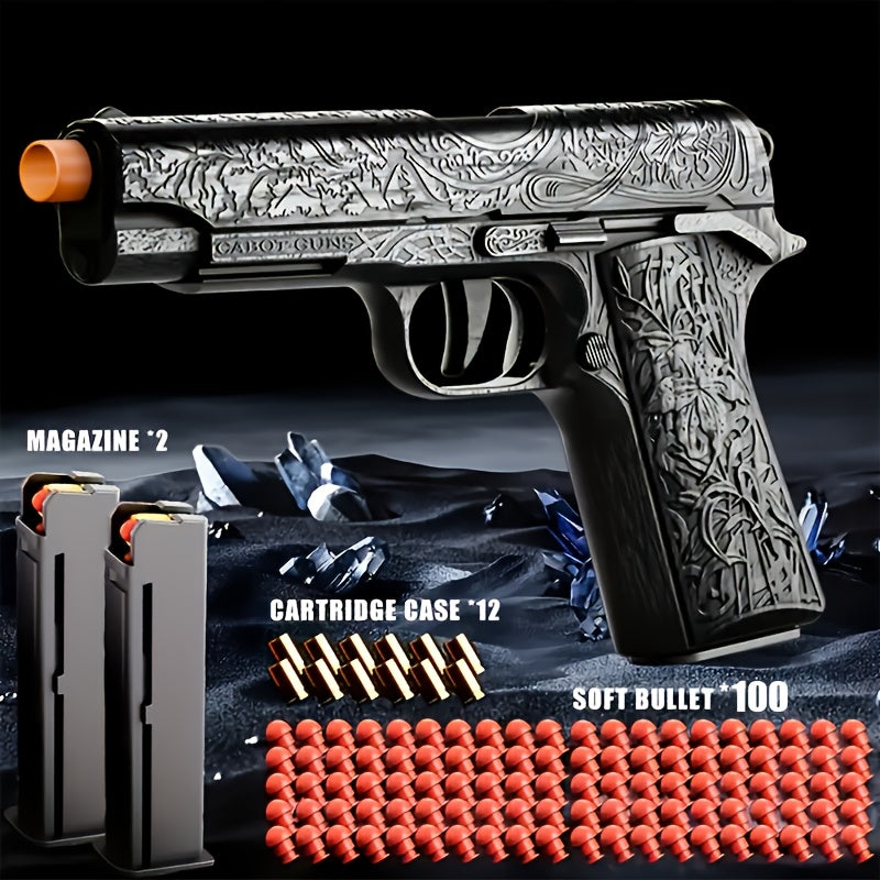 Shell-Ejecting Toy Foam-Dart Blaster with Engraved Body, Two Magazines and Four Color Options