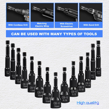 Magnetic Nut Driver Set 15-Piece 1/4" Hex Shank – SAE 1/4" to 9/16" & Metric 6-14mm Chrome Vanadium Steel Impact Nut Drivers