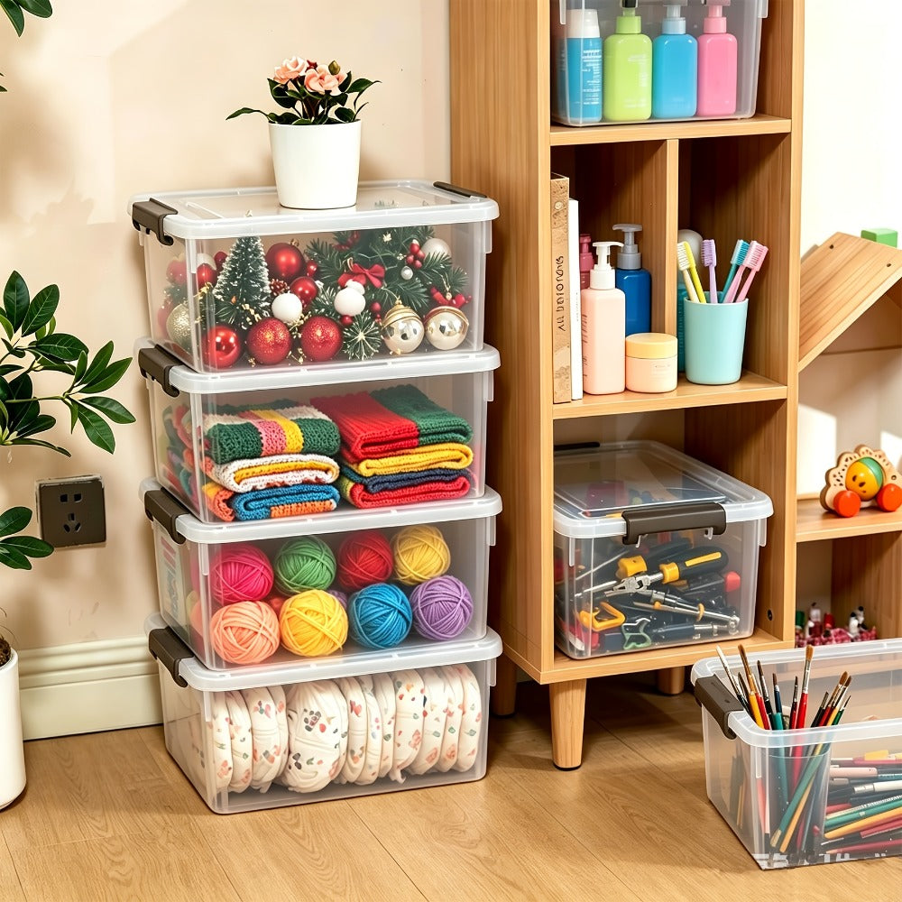 Six-Piece 16.9-Quart Clear Stackable Storage Box Set with Gray Latching Lids and 15.94-Inch Tops