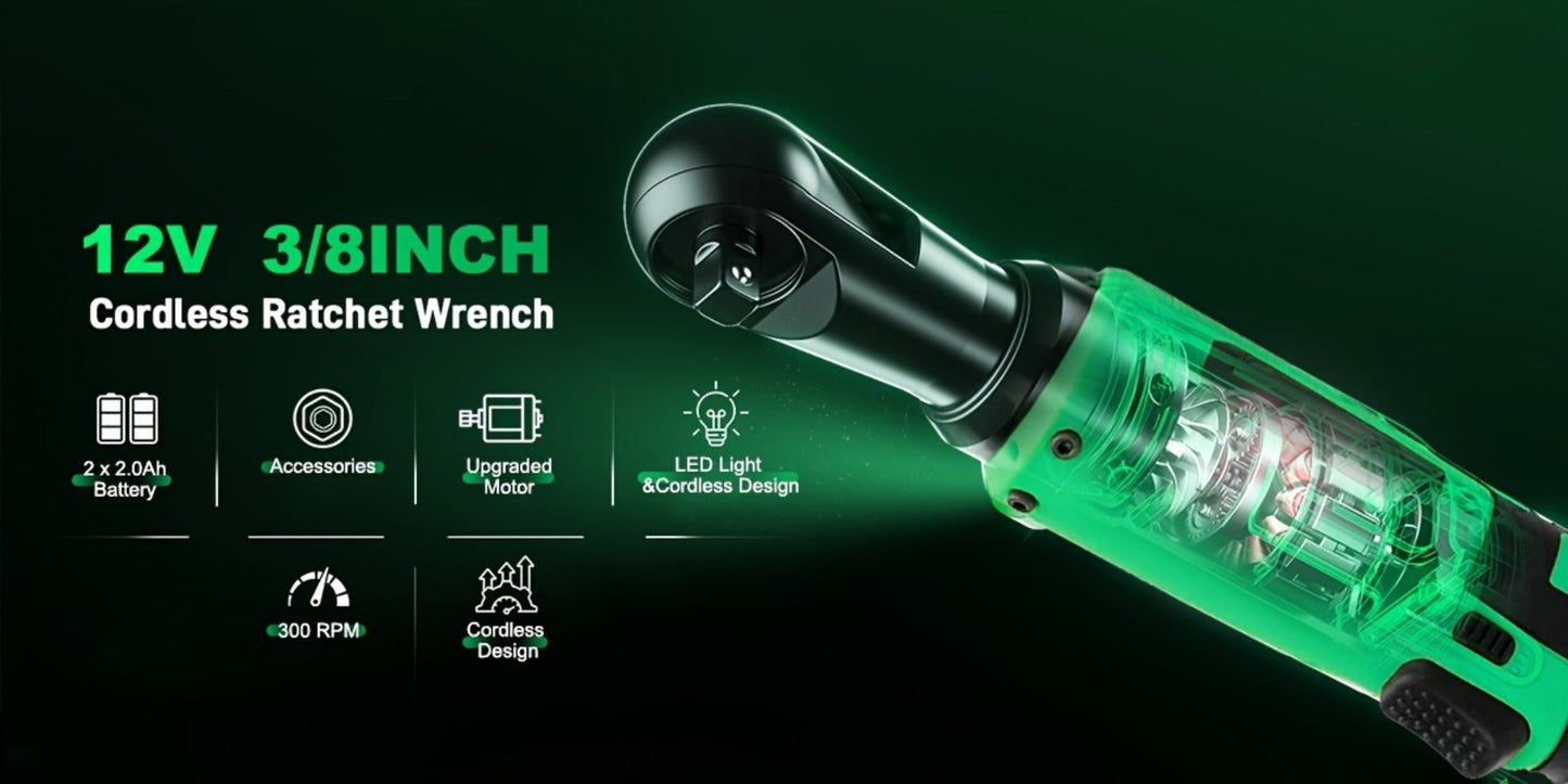 12V Cordless Ratchet Wrench Set 3/8" Drive, 40 Ft-lbs Torque, Variable Speed Trigger, Lithium-Ion Battery