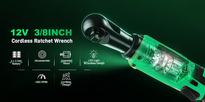 12V Cordless Ratchet Wrench Set 3/8" Drive, 40 Ft-lbs Torque, Variable Speed Trigger, Lithium-Ion Battery
