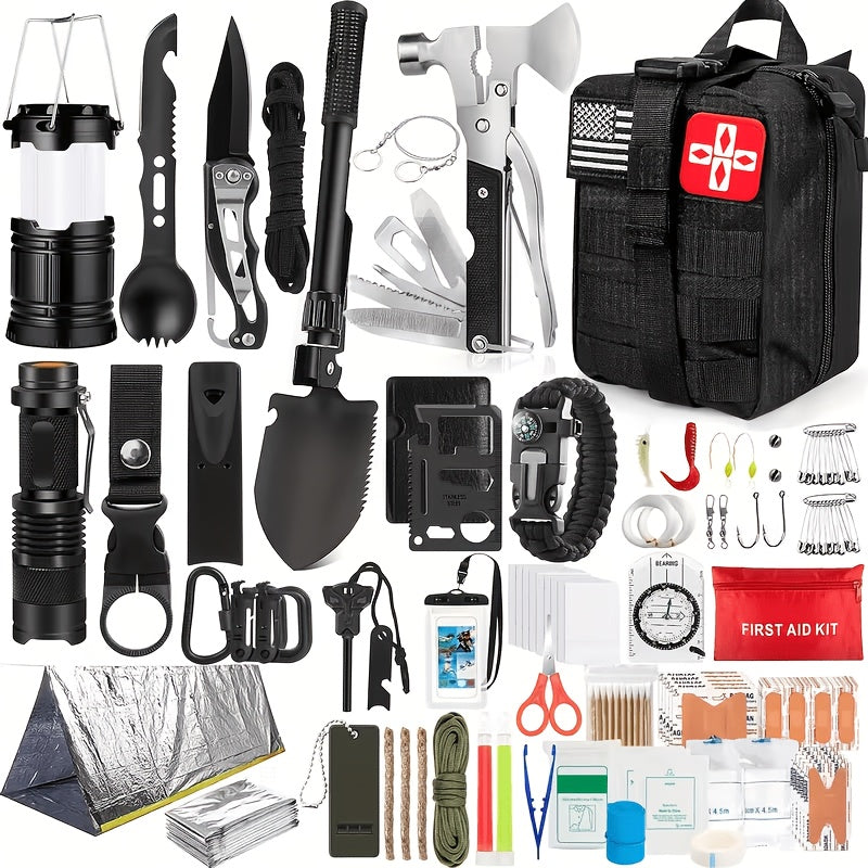 258-Piece Outdoor Survival Kit with Igniter Compass Multi-Tool Professional Camping Gear for Men Hiking Hunting Emergency Khaki Army Green