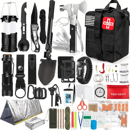 258-Piece Outdoor Survival Kit with Igniter Compass Multi-Tool Professional Camping Gear for Men Hiking Hunting Emergency Khaki Army Green