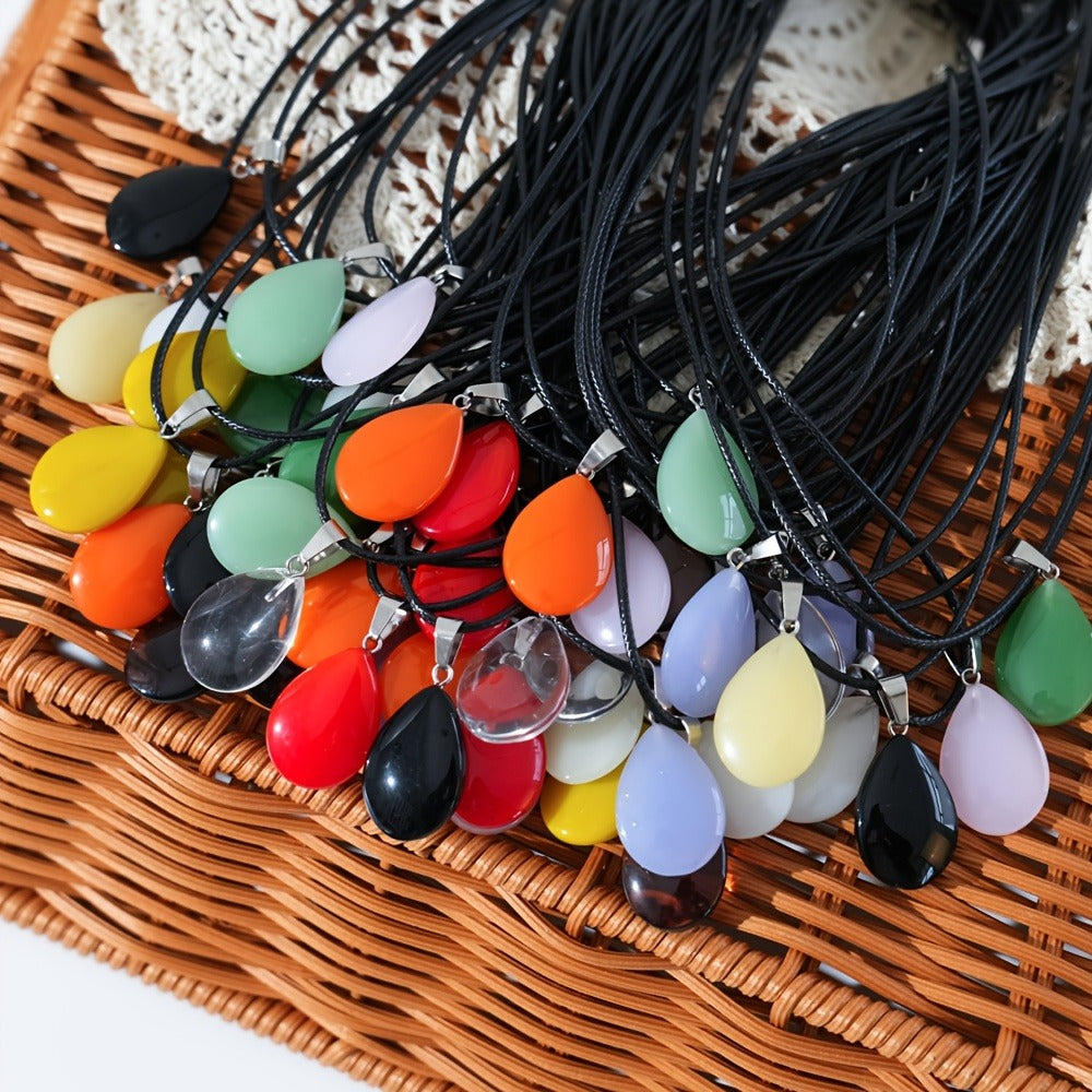 Crystal Pendant Necklace Set 40-Pack – Multicolor Water Droplet Artificial Crystal Pendants with Faux Leather Cord