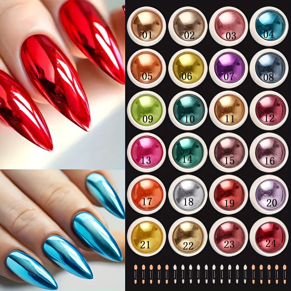 Chrome Nail Powder 24 Colors Set Holographic Mirror Effect Metallic Reflective Glitter Pigment for Gel