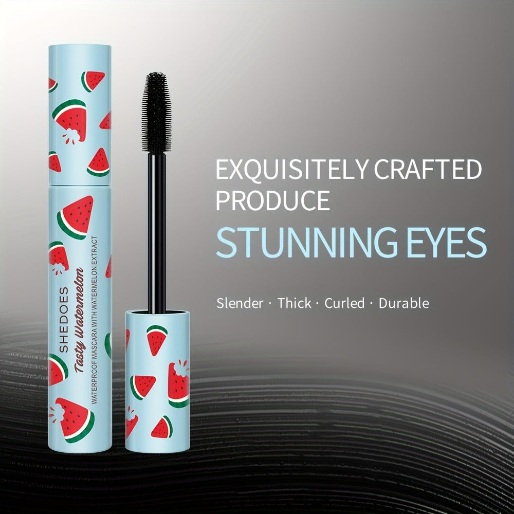 Black Mascara Two-Piece Set in Blue Watermelon-Print Tubes with Straight Black Bristle Applicator Wands