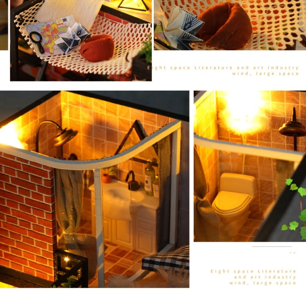 DIY Dollhouse Kit 2 Story with Dust Cover, Handmade Miniature House Model with Furniture Parts, No Glue No Batteries
