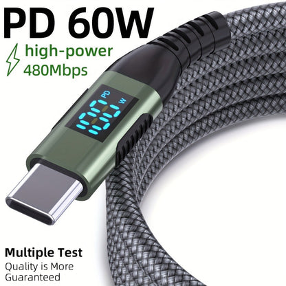 USB-A to USB-C Cable with LED Digital Display, 3A Fast Charging & 480Mbps Data Sync, Nylon Braided Anti-Overheat
