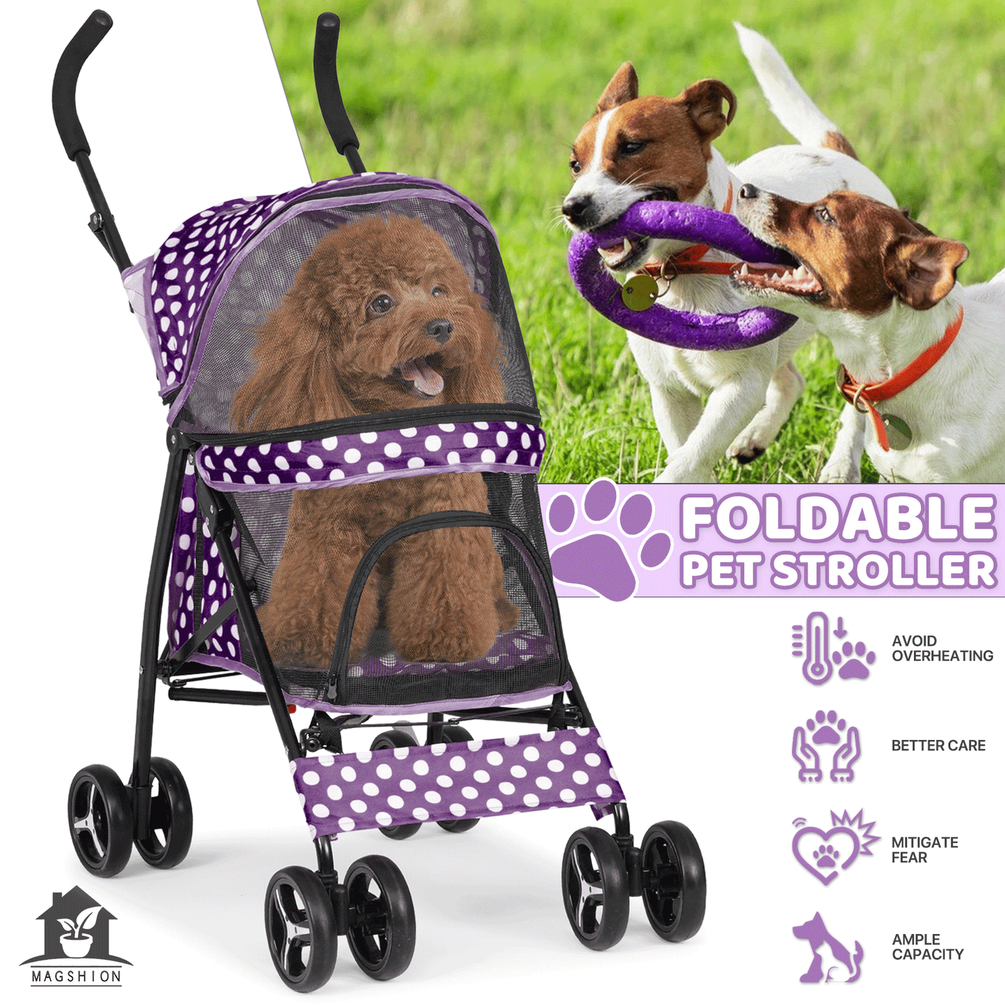 Pet Dog Cat Stroller with 4 Wheels – Foldable Jogger Pet Stroller for Small Medium Dogs & Cats up to 33 lbs, Breathable Mesh Windows