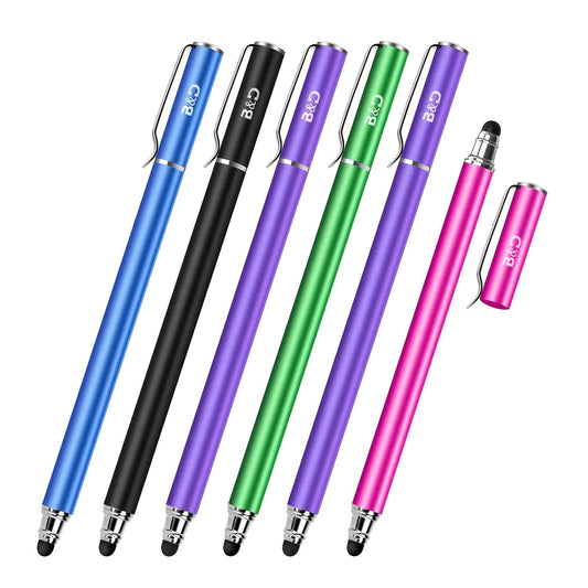 6-Piece Dual-Tip Stylus Pen Set for Capacitive Touchscreens with Replaceable Soft Rubber Tips