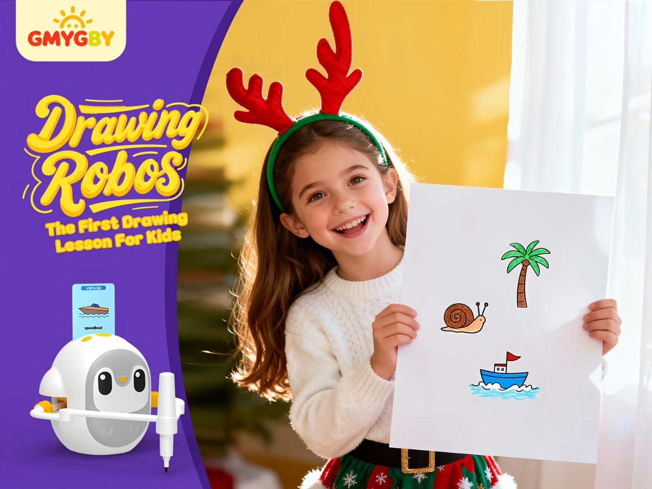 Drawing Robot for Kids Penguin, 200 Learning Cards & 12 Color Pens, STEM Art Educational Toy, Screen-Free Interactive Drawing Game