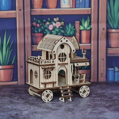 3D Wooden Puzzle Mobile Home on Wheels – DIY Café Bar Model Kit, Handcrafted Miniature House Assembly, Unique Desk Decoration Gift