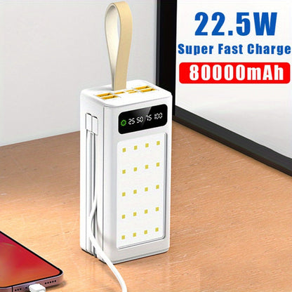 80000mAh Power Bank Built-in 4 Cables PD22.5W Fast Charging, LED Digital Display, Flashlight, Lanyard