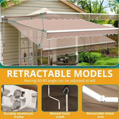 Retractable Awning Patio Manual Crank Aluminum UPF80+ for Garden, Patio and Yard Use, with the Listed Configuration