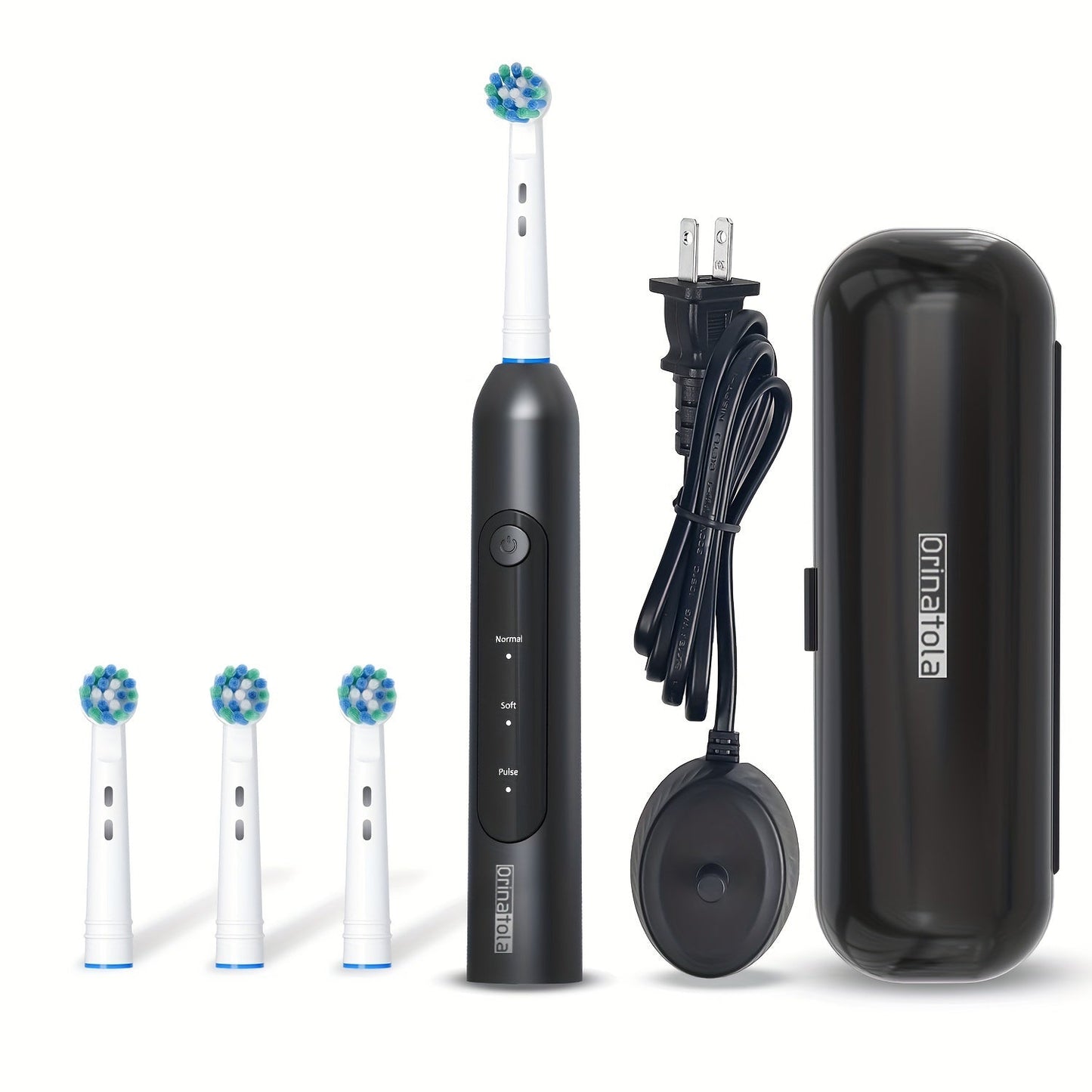 Electric Toothbrush with 3 Rotating Cleaning Modes – Induction Charging, 4 Replacement Brush Heads, Travel Case Included