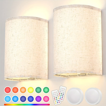 Rechargeable Two-Light Fabric Shade Wall Sconce Set with Magnetic Puck Lights and CCT or RGB Option