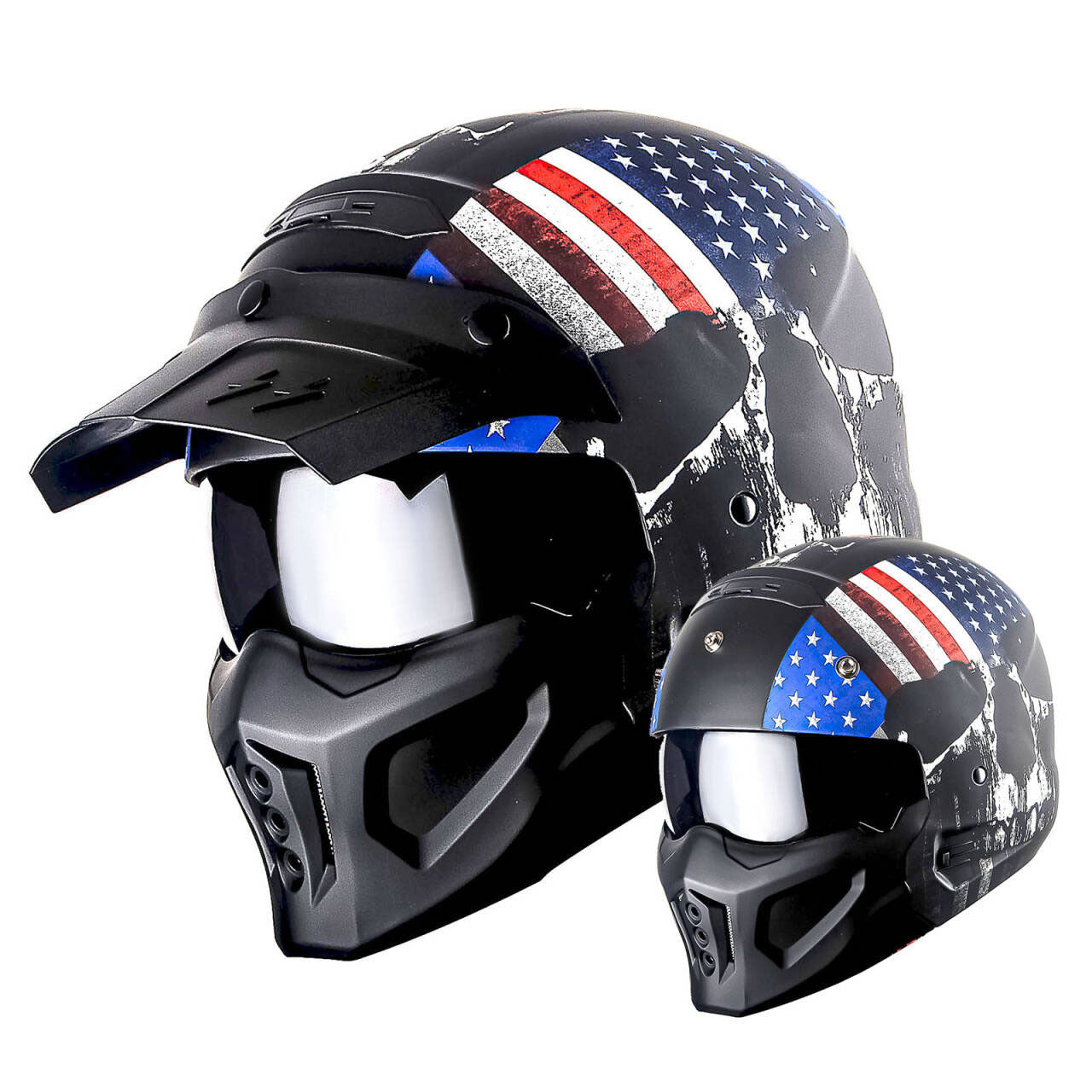 Motorcycle Helmet Convertible Full/Open-Face Shell with Detachable Mask, Smoked Shield, S-XL Sizes and Multiple Styles