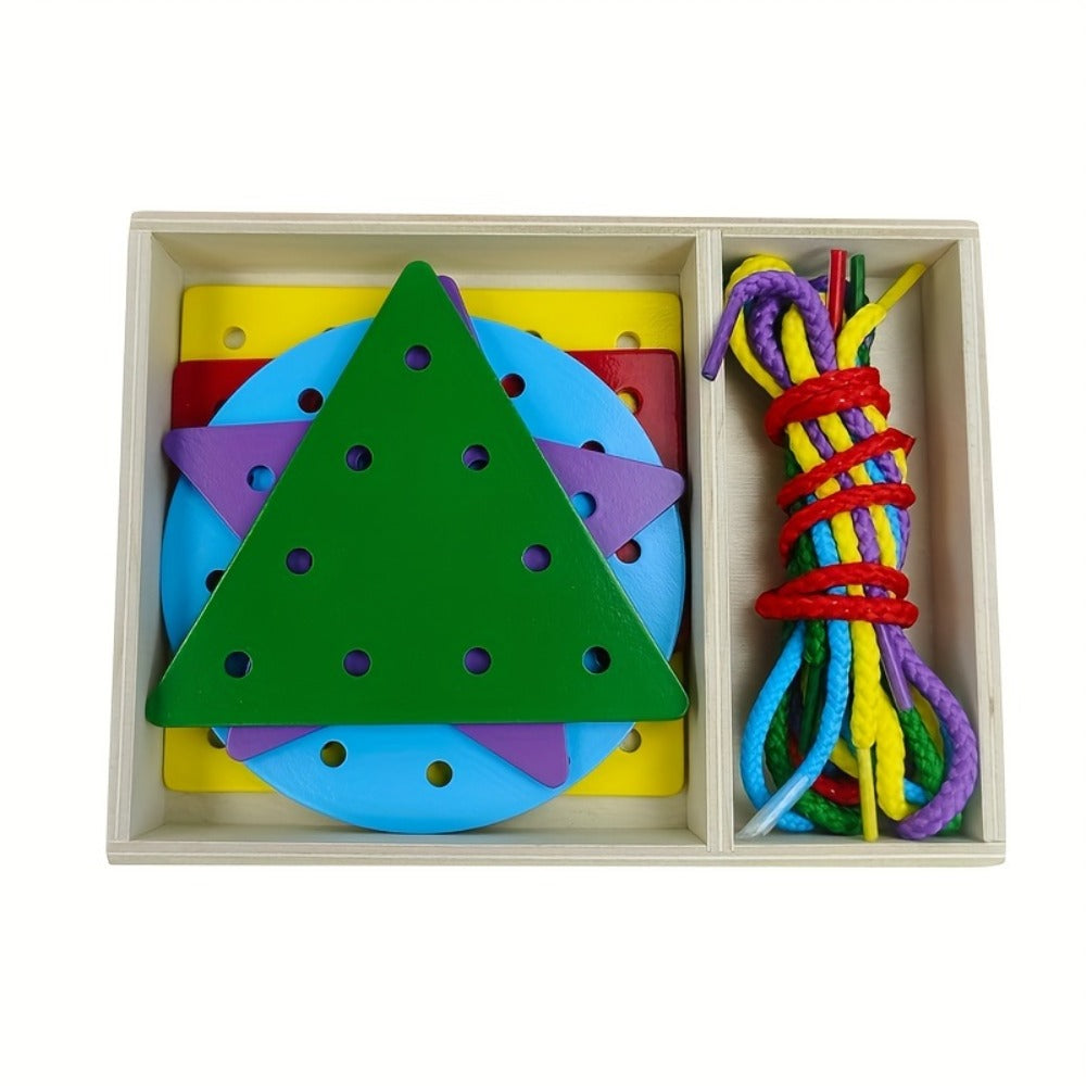 Montessori Wooden Lacing Cards for Toddlers, 5-Piece Double-Sided Threading Shapes in a Box