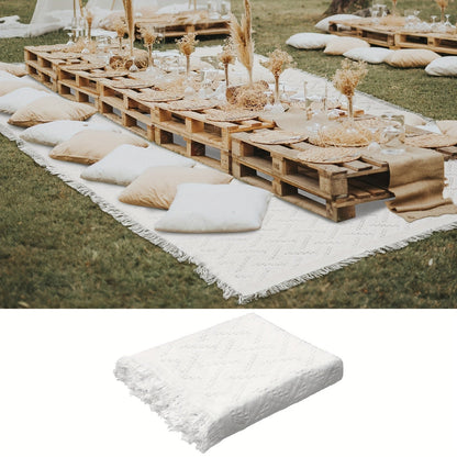 91 x 71-Inch Picnic Blanket in White Woven Cotton with Subtle Geometric Texture and Fringe Edges