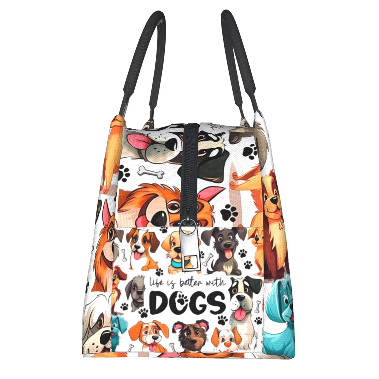 Dog-Print Lunch Tote with Black Handles in a 10.6 x 6.3 x 6.7-Inch Single Checkout and Zip Top