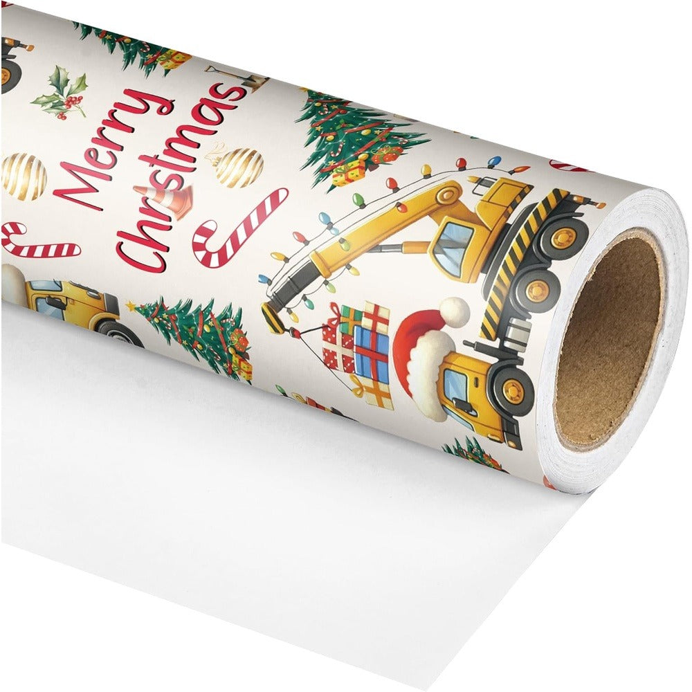 Christmas Wrapping Paper Construction Vehicles – Dump Trucks Excavators Tractors Gift Wrap for Boys Girls, 58"x23" Roll (28.5 Sq Ft)