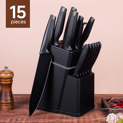 15-Piece Kitchen Knife Set with High-Carbon Stainless Steel Label, Black Handles, Scissors and Sharpening Block