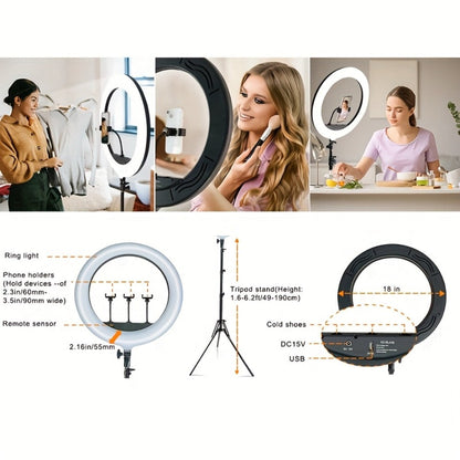 10- or 18-Inch Ring Light with Cable Power, Adjustable Brightness and Desktop or Floor Stand Options