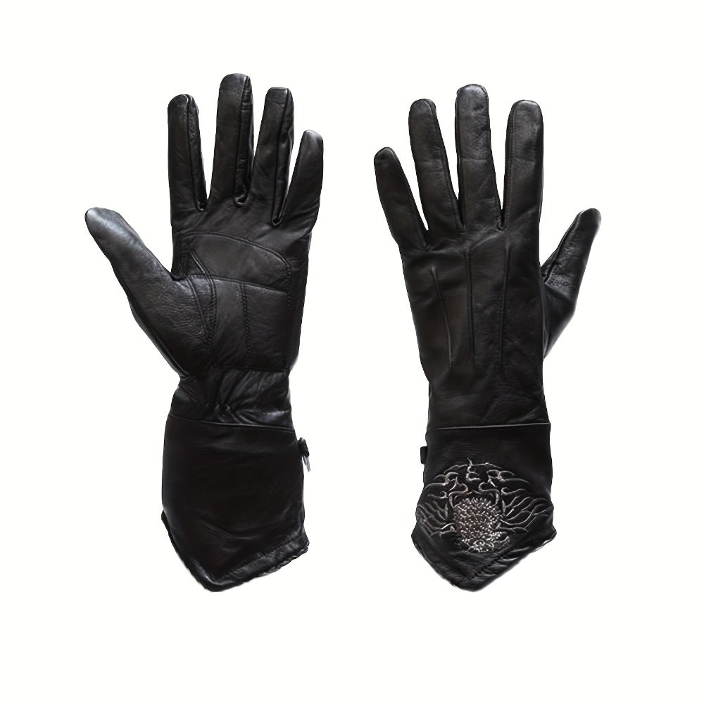 Black Full-Finger Motorcycle Gloves with Long Gauntlet Cuffs, Stitched Eagle Motif and Five Sizes