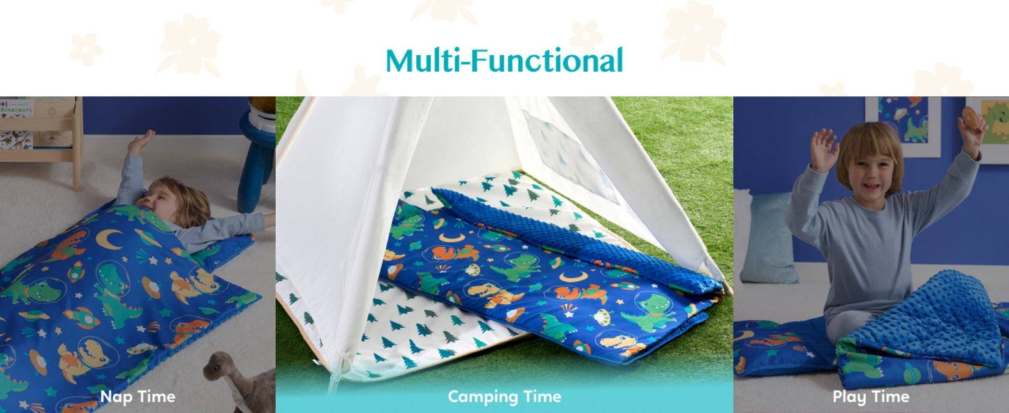 Kids Nap Mat with Removable Pillow & Minky Blanket - Roll-Up Sleeping Bag for Boys Girls, Blue Dinosaur Design