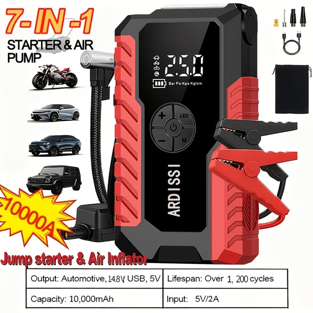5-in-1 Jump Starter 5000A Peak – 10000mAh Power Bank, 150PSI Air Inflator, Type-C & LED Emergency Light for 12V Gas & Diesel Engines