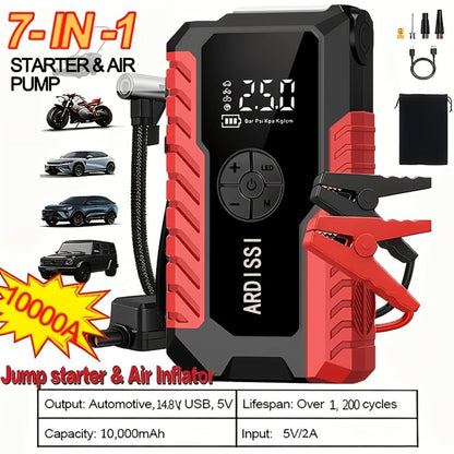 5-in-1 Jump Starter 5000A Peak – 10000mAh Power Bank, 150PSI Air Inflator, Type-C & LED Emergency Light for 12V Gas & Diesel Engines