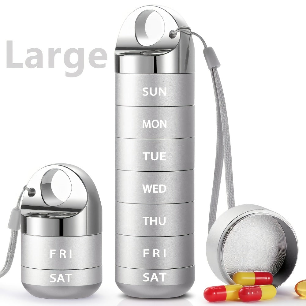 Weekly Pill Organizer, Large Aluminum Alloy 7-Day Pill Box for Medications Vitamins Supplements, Portable Travel Pill Case