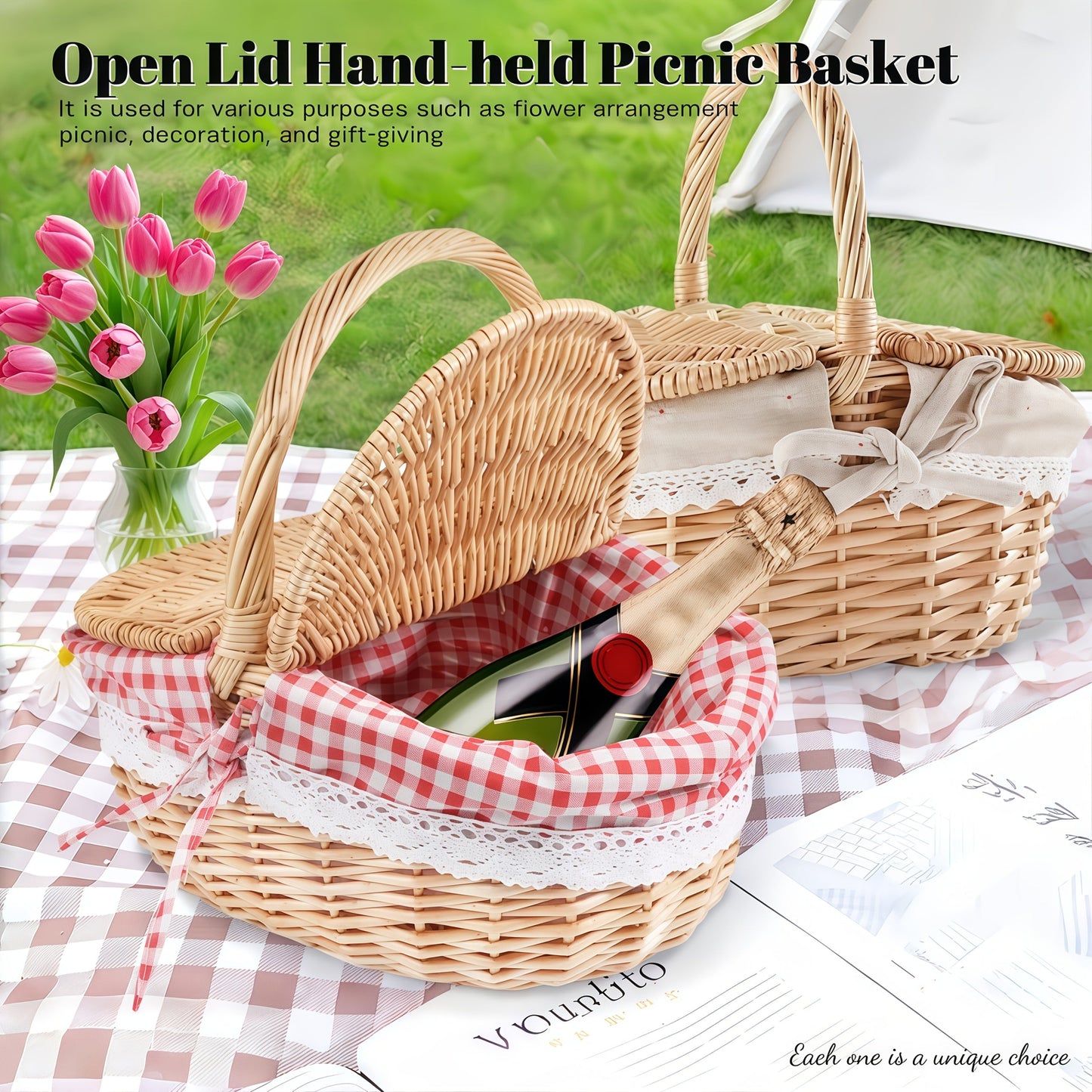 Covered Wicker Picnic Hamper with Twin Lid Panels in Red Plaid or Daisy Pattern Textile Styles