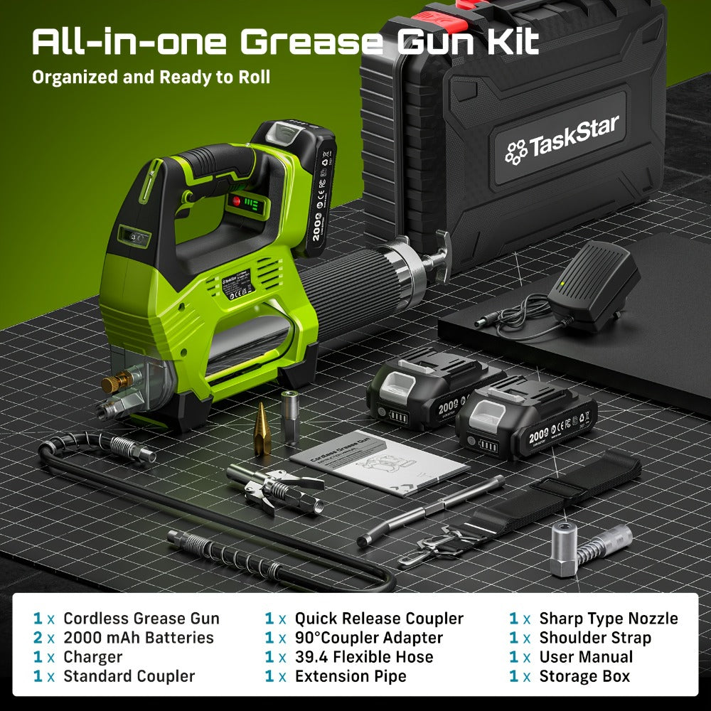 Electric Grease Gun 12000PSI Cordless – 3-Speed Brushless Motor, Dual 2.0Ah Batteries, LED Light, Heavy-Duty Wireless Grease Gun